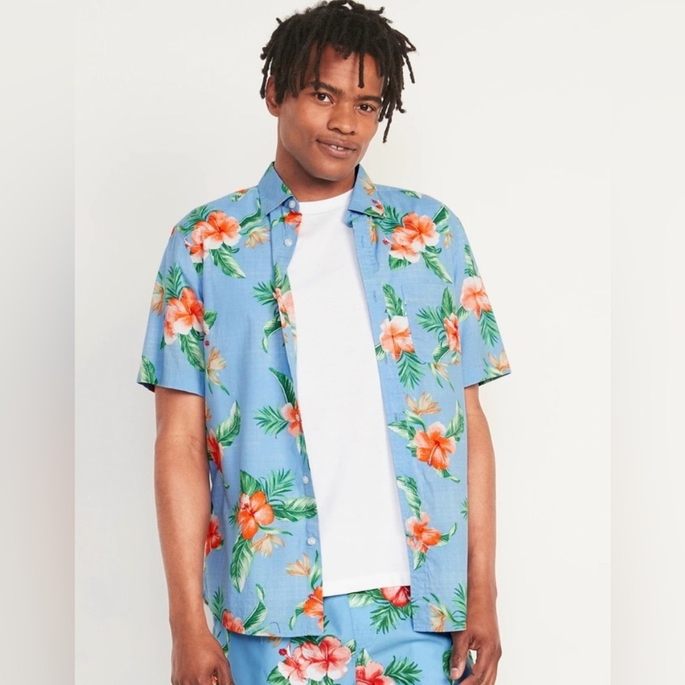 🆕 Old Navy Men’s Everyday Built-In Flex Printed Short-Sleeve Button Down Shirt L